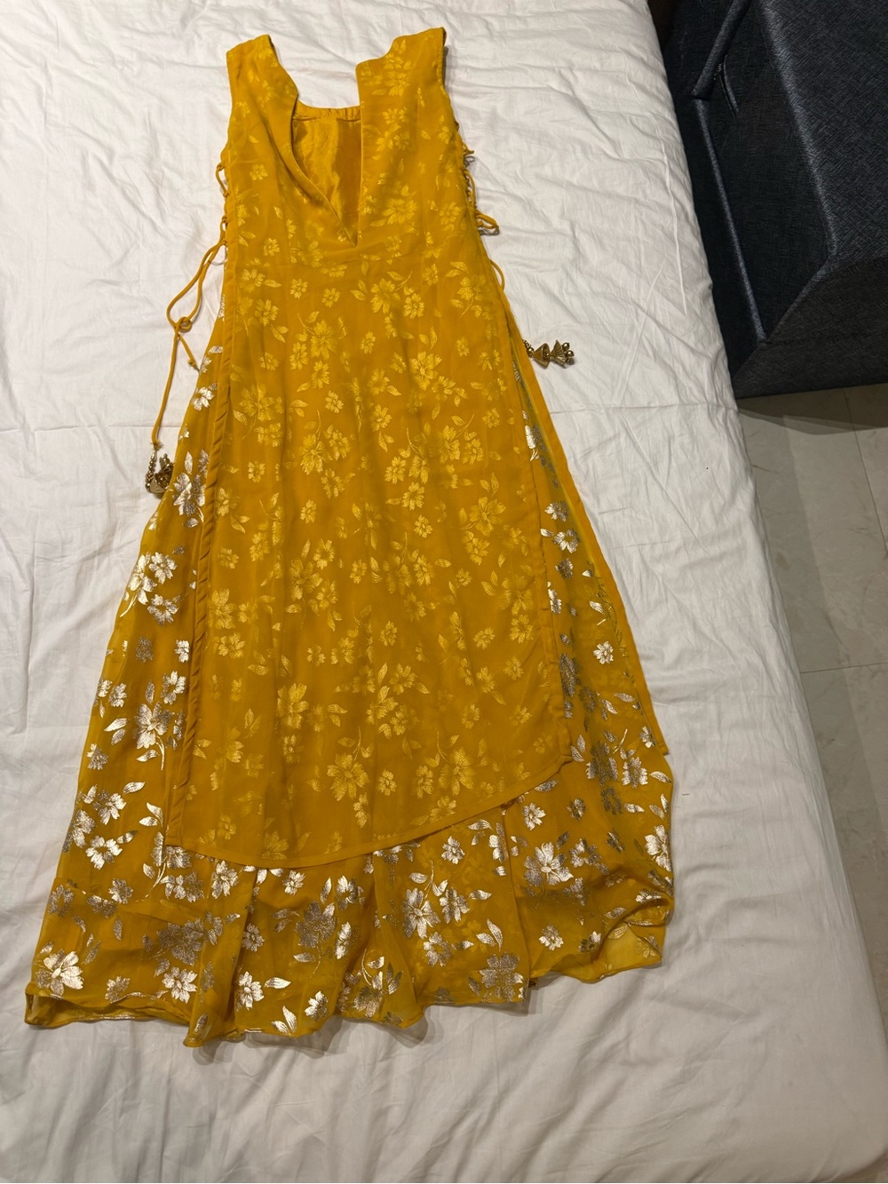 Golden Mustard Floral Sleeveless A-Line Dress